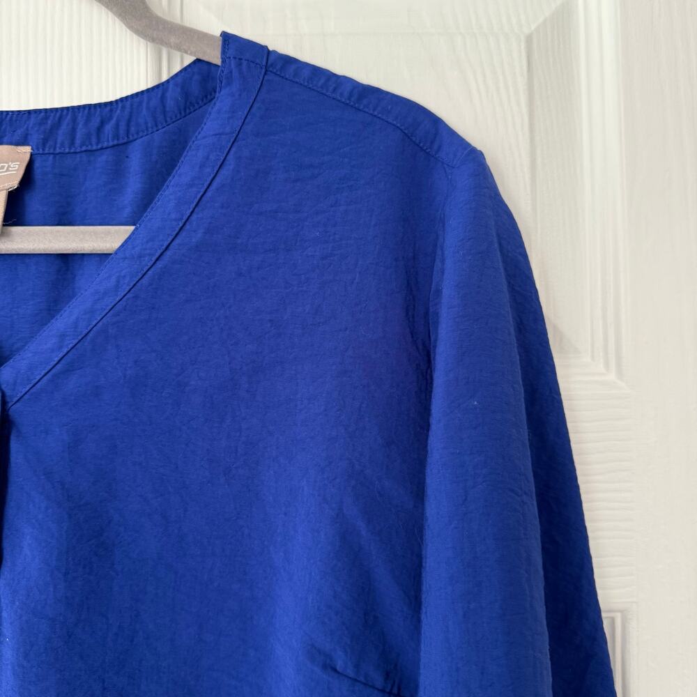 Chico's Women's Blue Button Down Roll Tab Sleeve V-Neck Top Size 2 - Picture 13 of 14